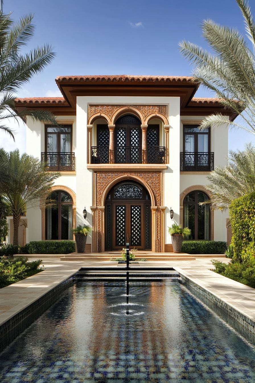 Elegant house facade with arches and a reflecting pool