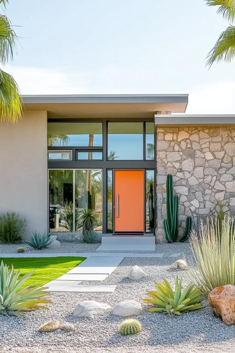 Mid-century house with bright orange door and desert landscaping