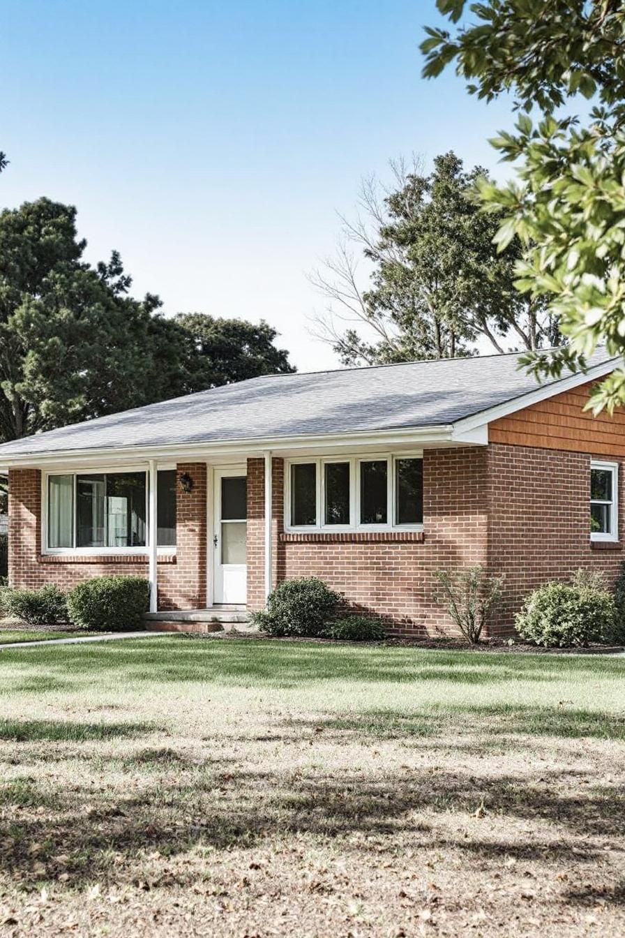 Classic mid-century ranch house with brick exterior and a spacious front lawn