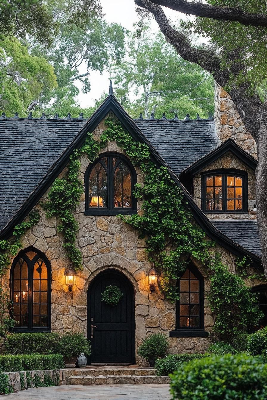 Charming stone cottage with ivy-covered walls and arched windows