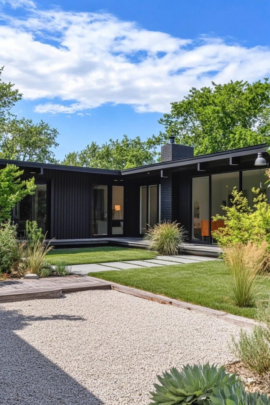 modern l shaped black bungalow ranch house with gravel courtyard with shrubs and lawn 3