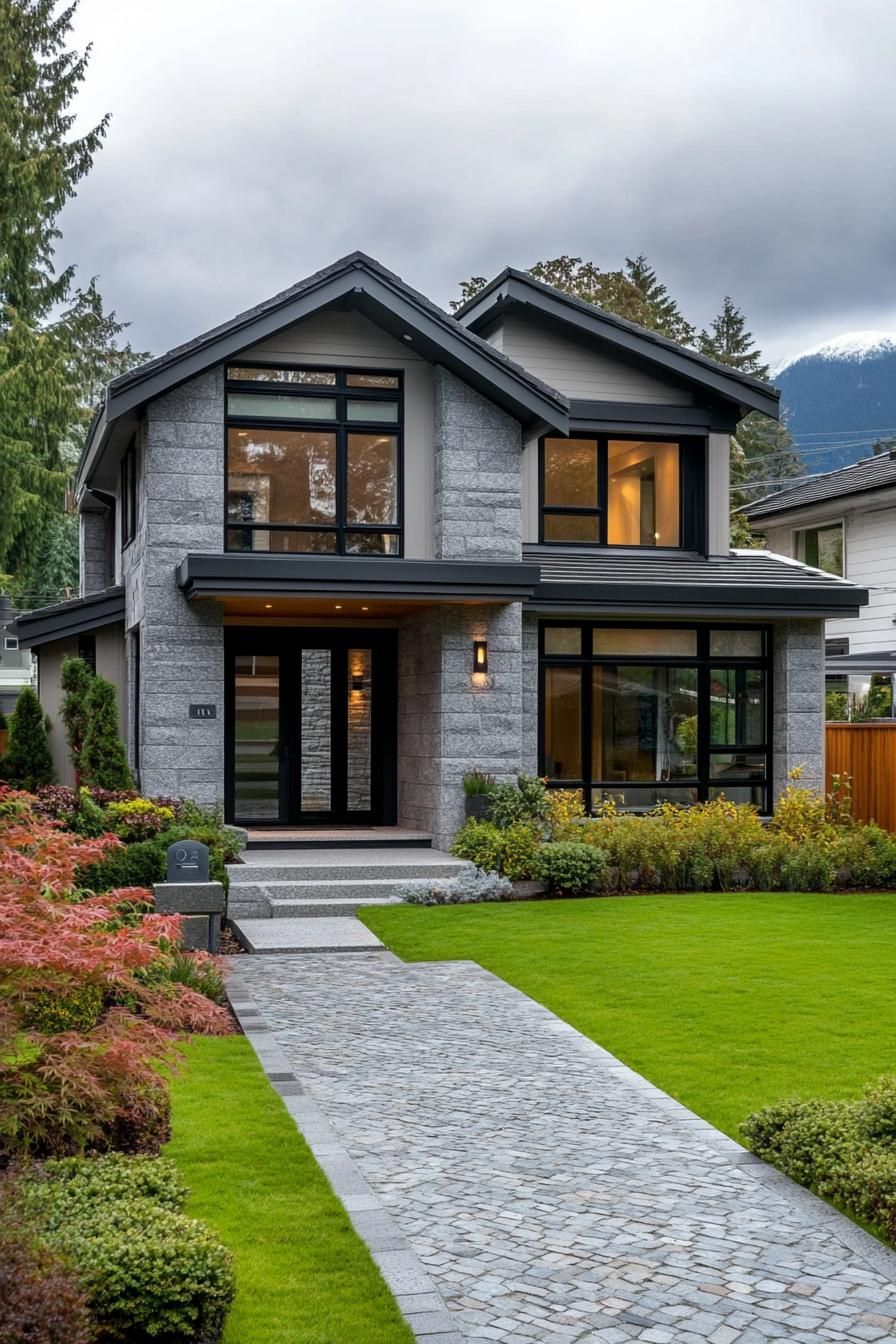 Contemporary stone house with black-framed windows