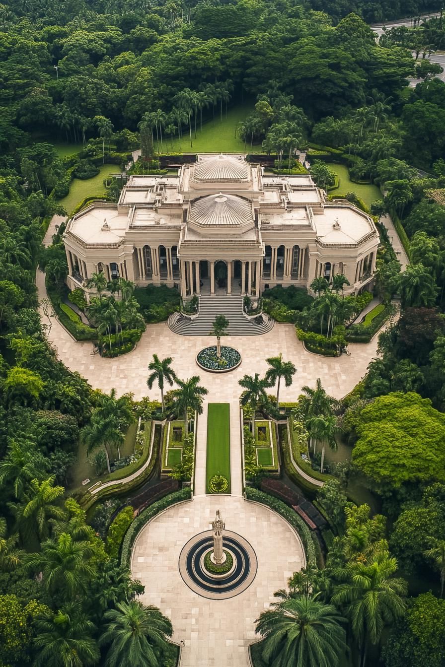 Aerial view of a grand mansion surrounded by lush foliage