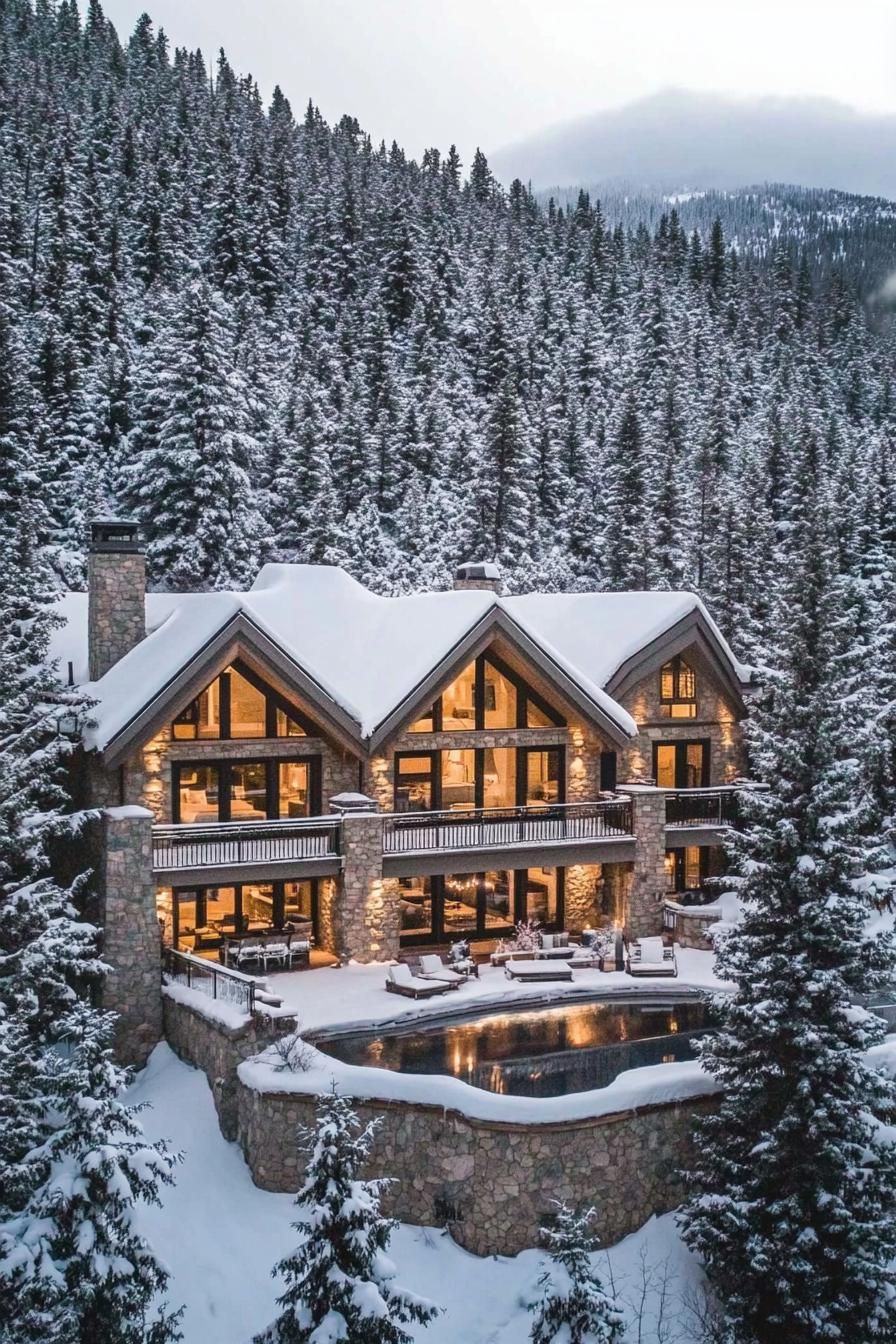 Luxury mountain house with large windows, surrounded by snow-covered trees