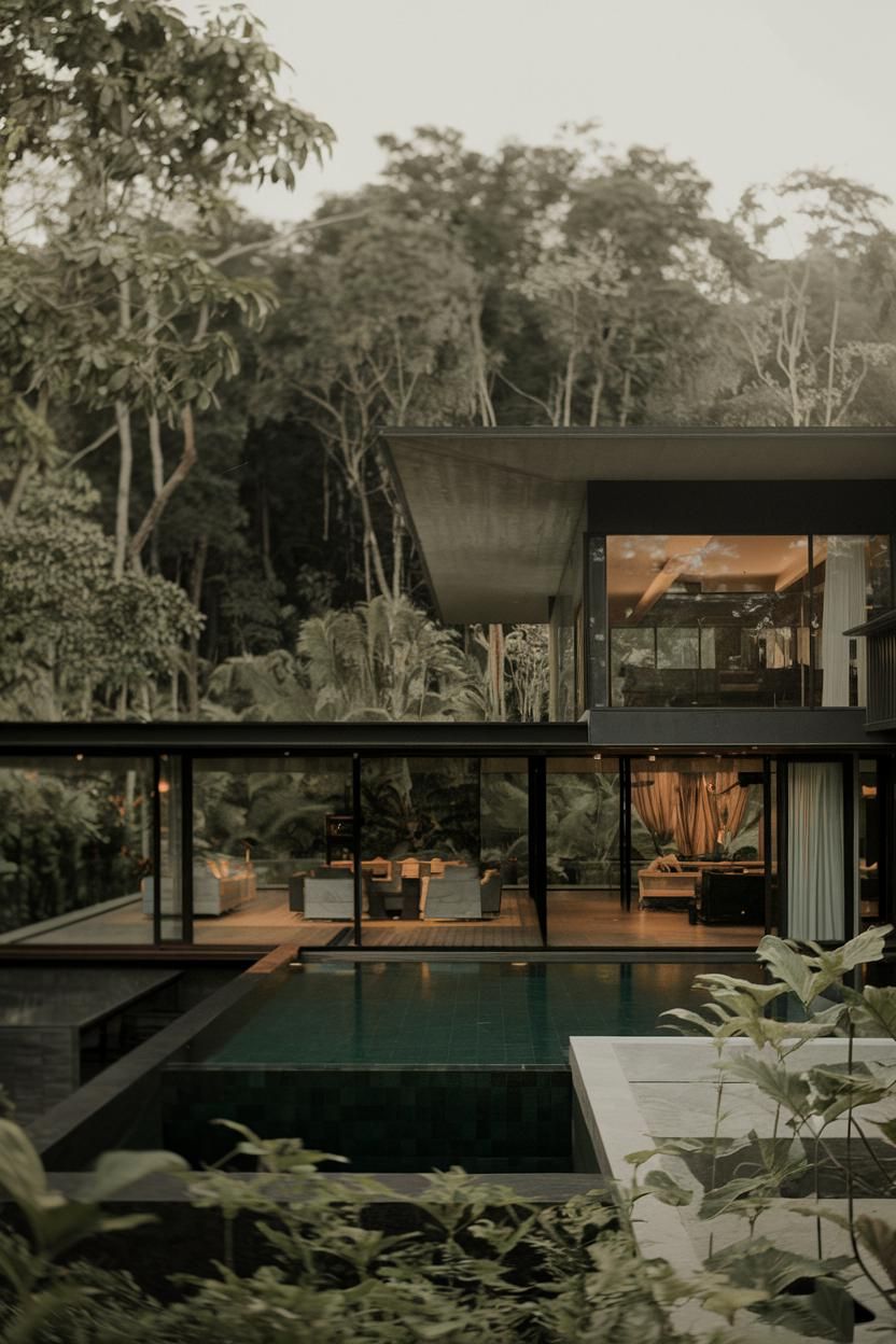 Modern villa surrounded by lush jungle, featuring large glass windows and a serene pool