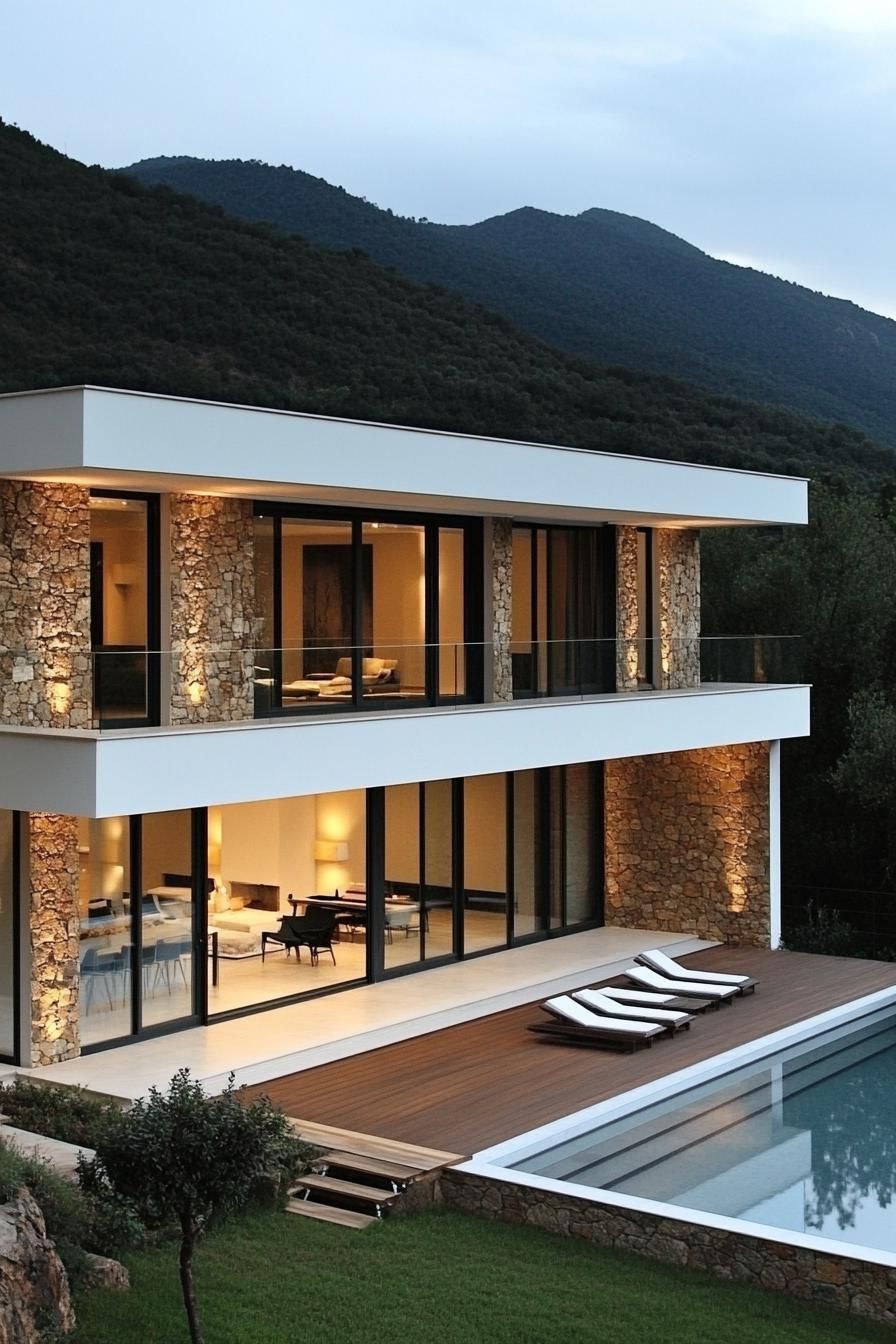 Modern villa with large glass windows and a pool