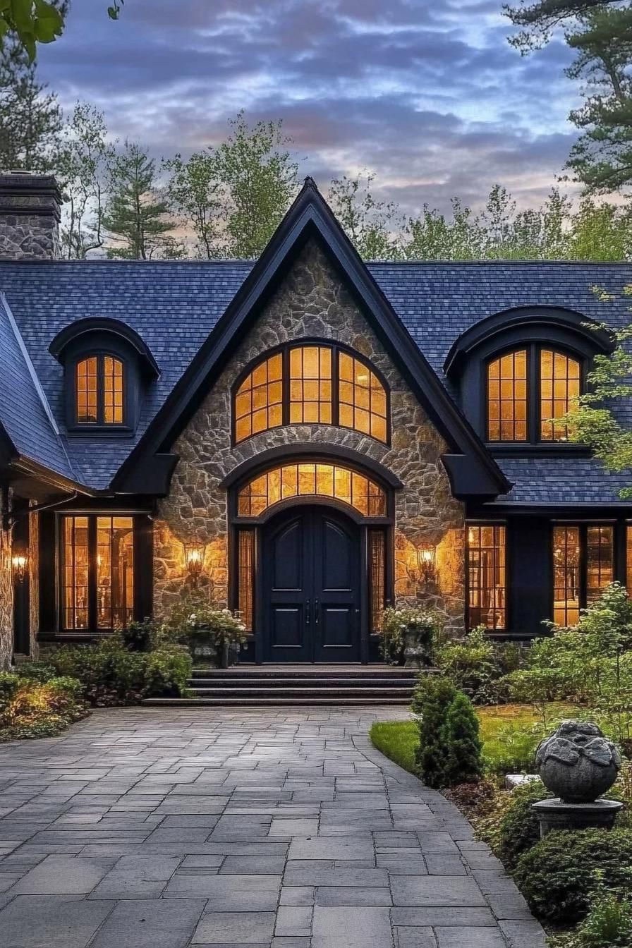 Charming stone house with arch windows in a twilight setting