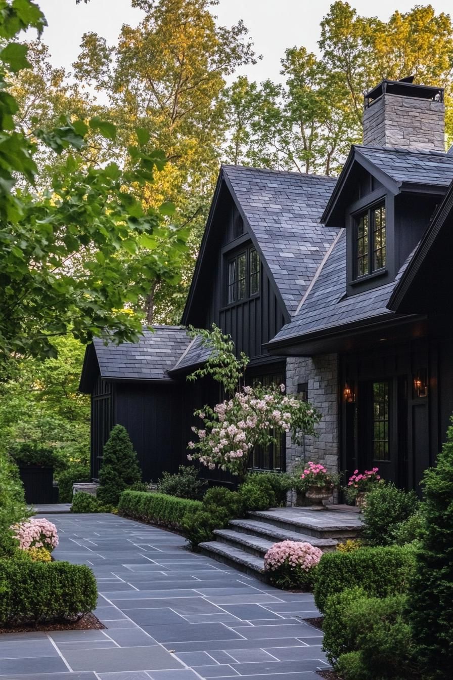 european cottage house with dark reclaimed wood siding multi pitched grey stone tile roof front yard paved with slate tile geometric shrubs with