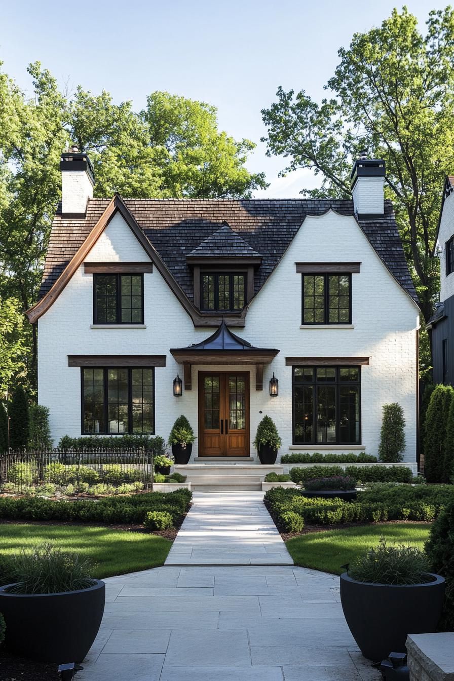 White brick cottage with wooden accents and lush garden