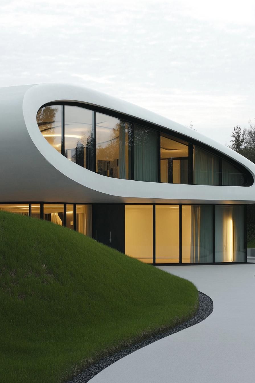 Sleek, modern home with large windows and curved design