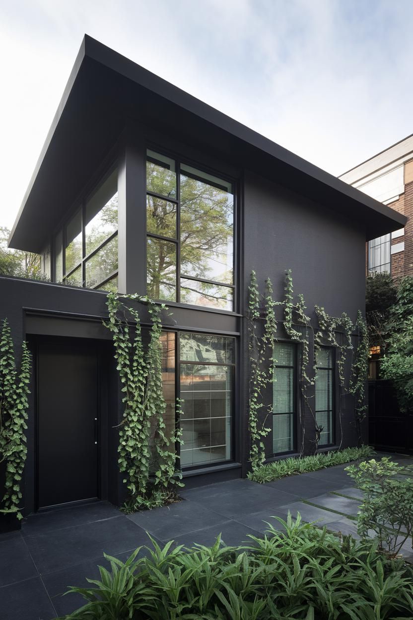 Contemporary black house with large windows and ivy