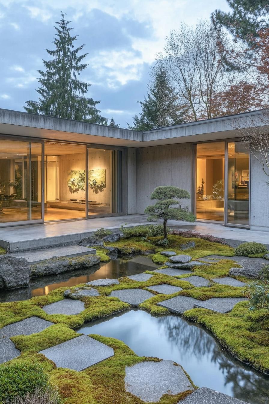 Japanese courtyard with moss garden and pond in front of a modern house