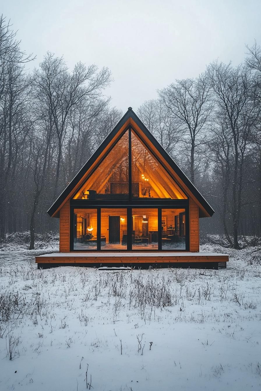 Warmly lit cabin on a snowy winter evening