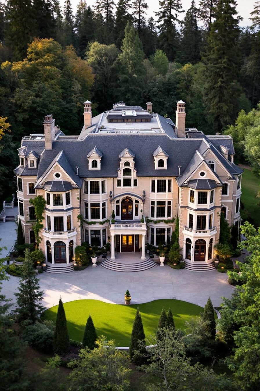 Grand mansion surrounded by lush forest