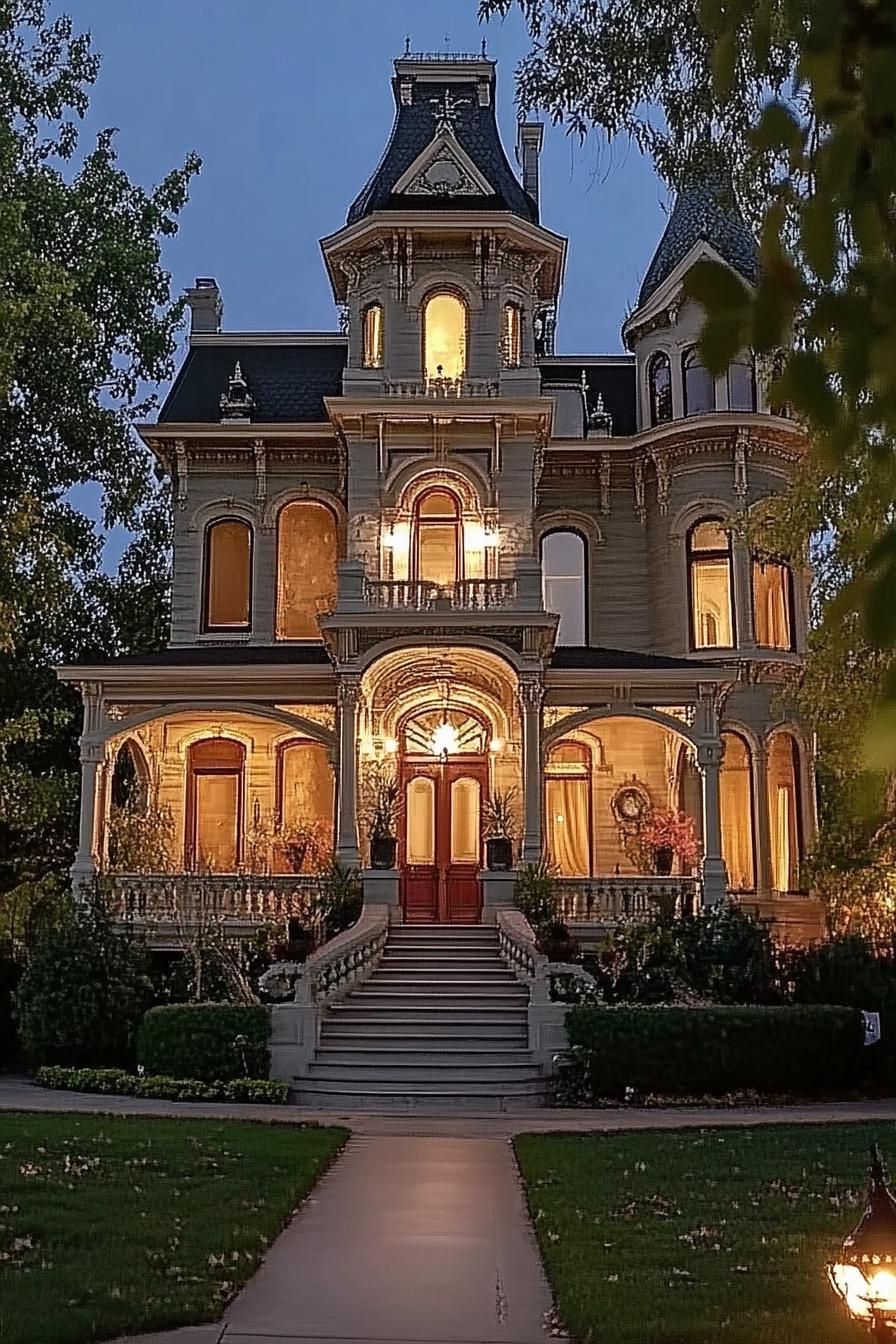 Victorian mansion with a tall turret arched windows facade with ornate detailing LED lighting dusk scene 3