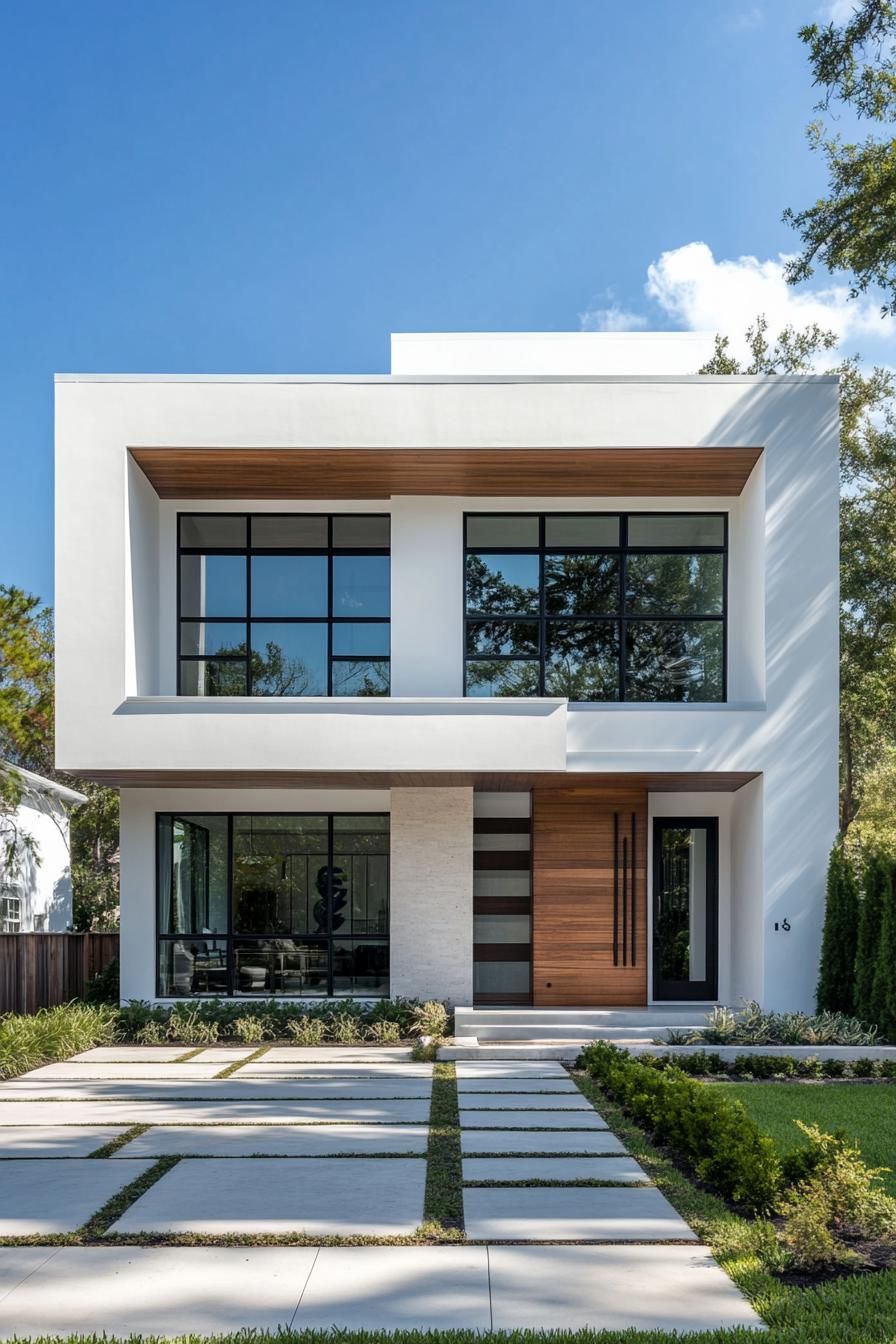 Contemporary white villa with large windows and wood accents