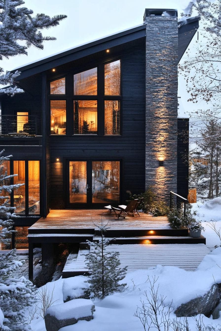 Modern house with large windows and wooden deck, surrounded by snow and trees