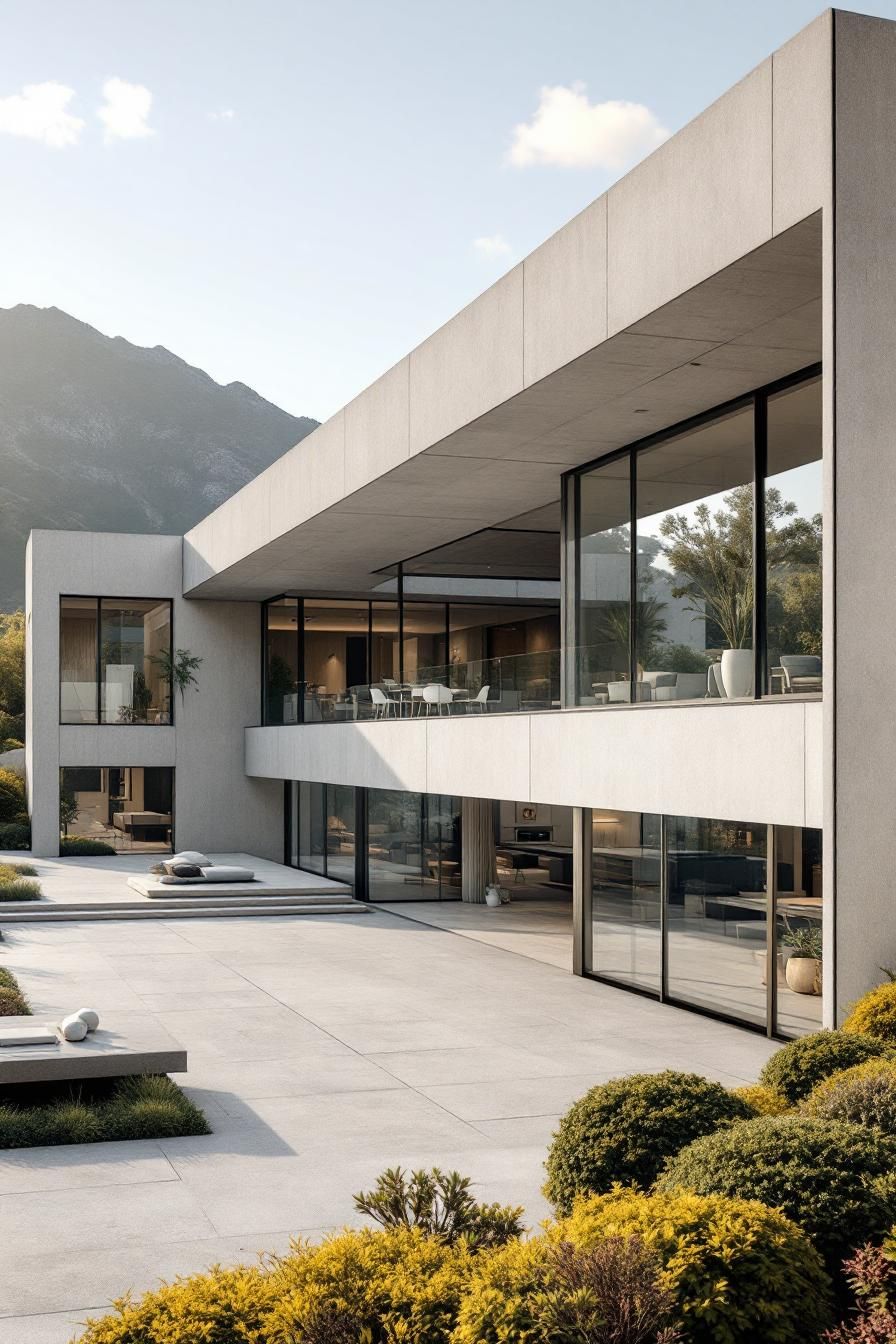 Luxury concrete mansion nestled against a mountain backdrop