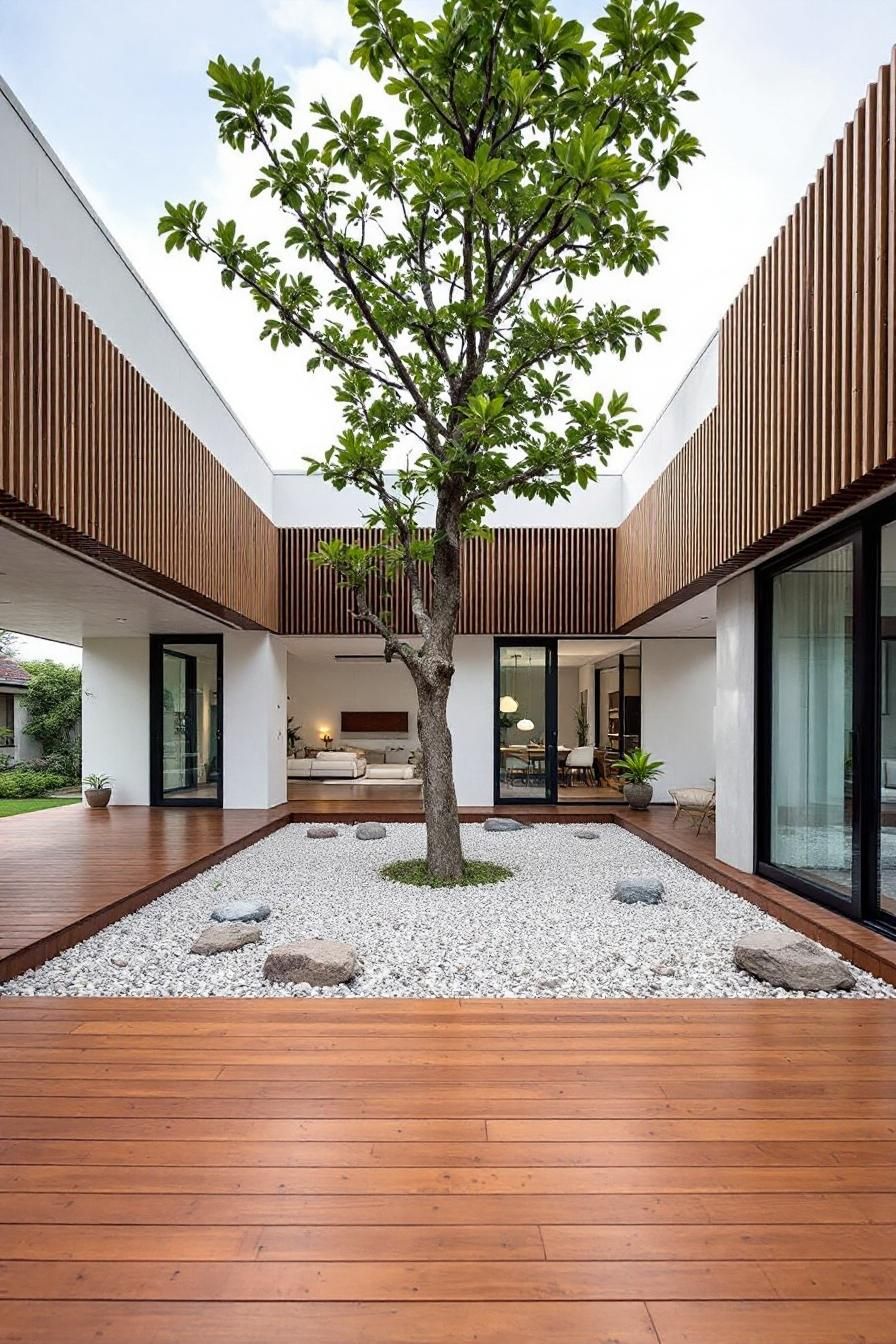 Modern Thai house with wooden deck and central tree