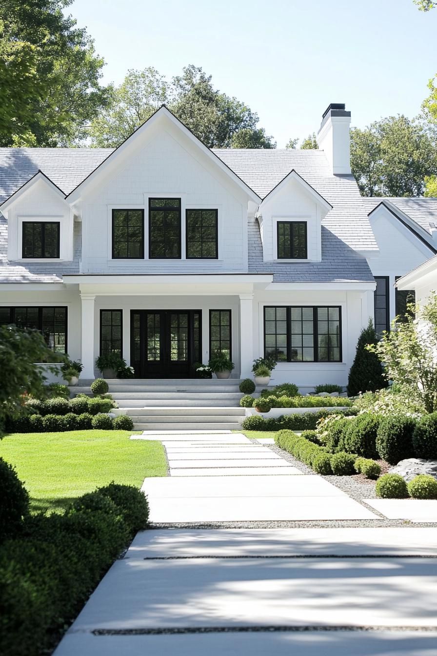 modern large white cottage house with white multi pitched roof with gables modern black windows white doors front yard with geometric shrub 1