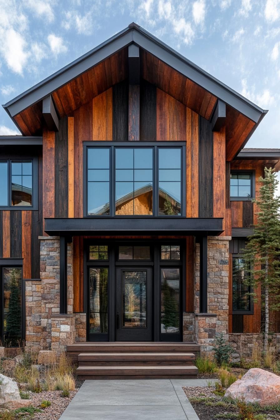 Modern house with wood facade and stone accents