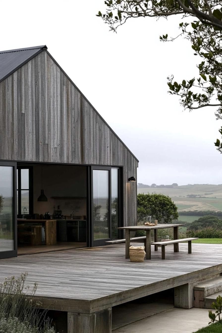 modern barn house with gray timber cladding wooden deck beautiful farmland landscape 1