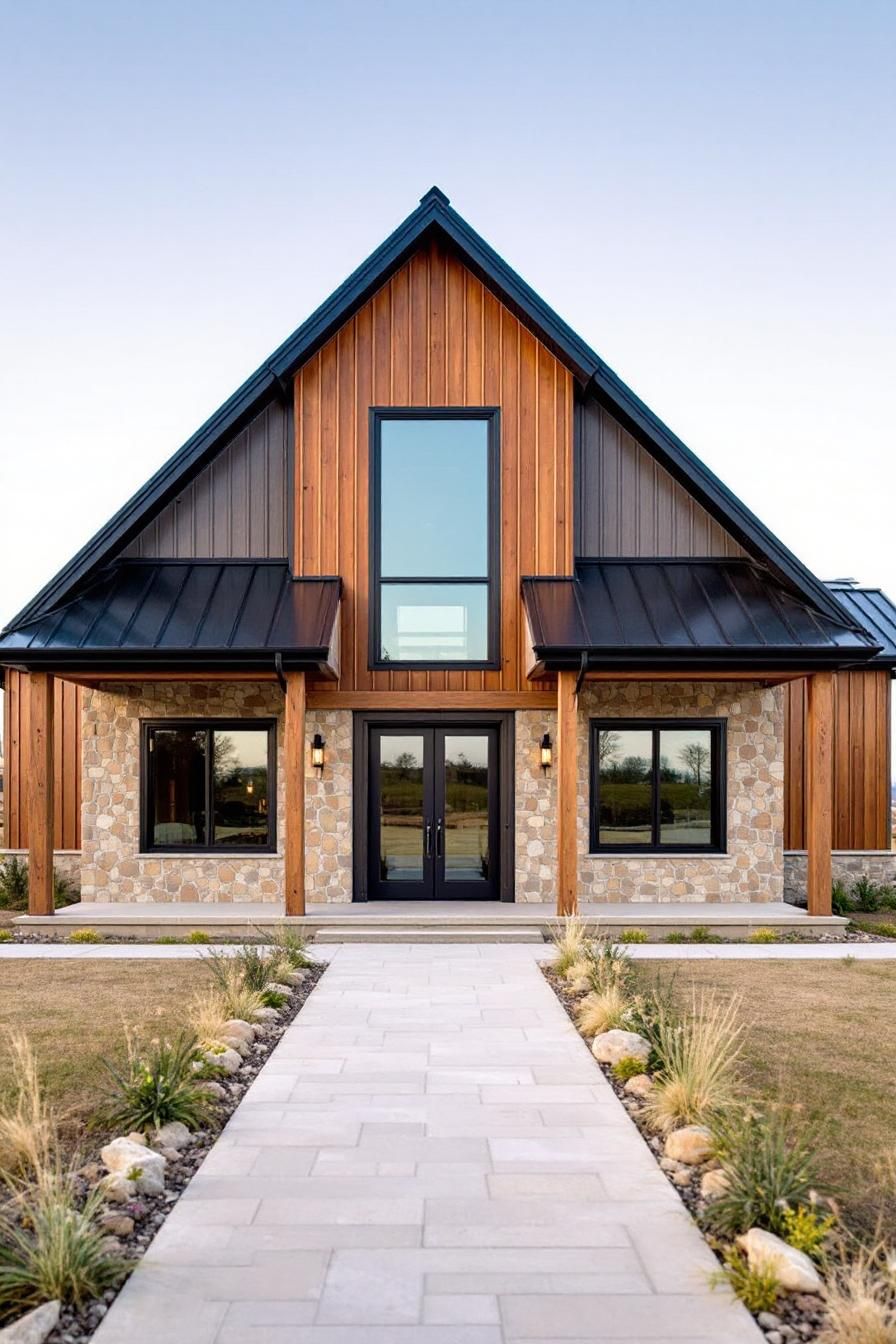 Modern barndominium with stone and wood facade