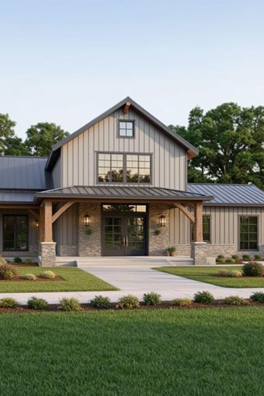 Chic barndominium with stone and wood elements