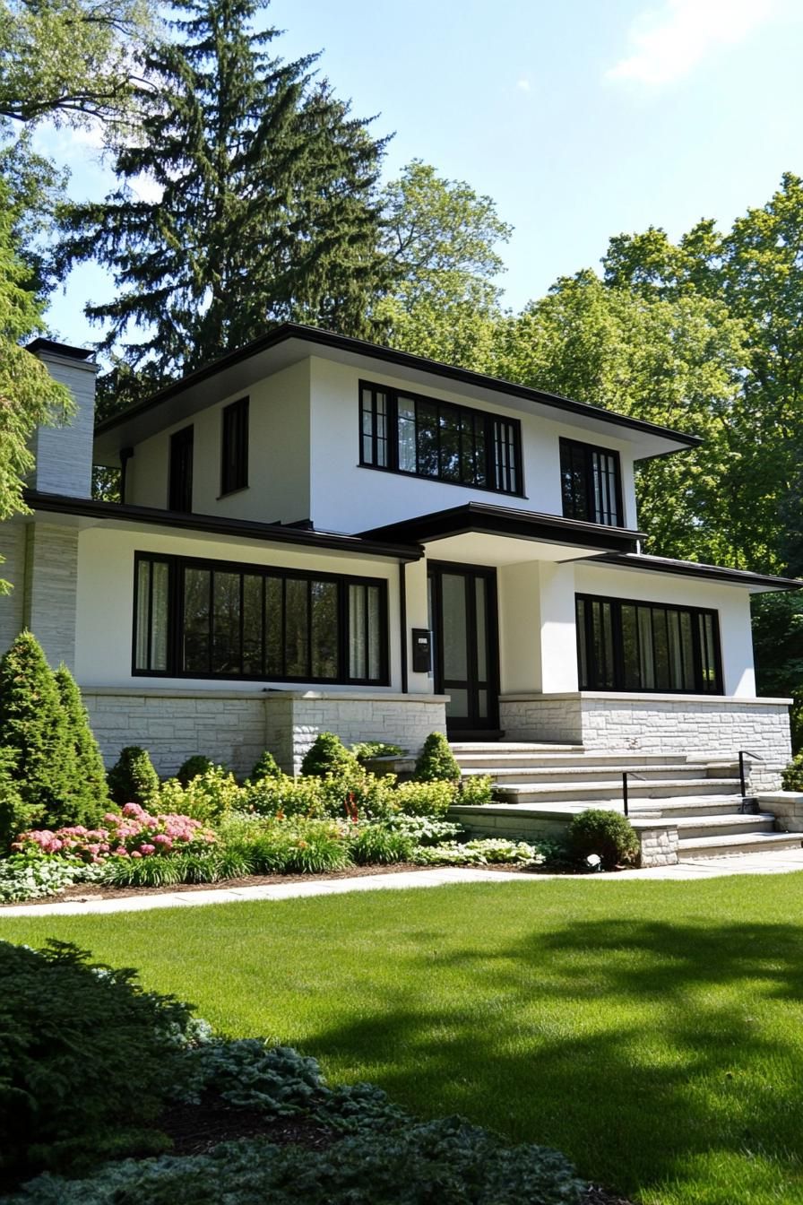 White house with black trim surrounded by lush greenery