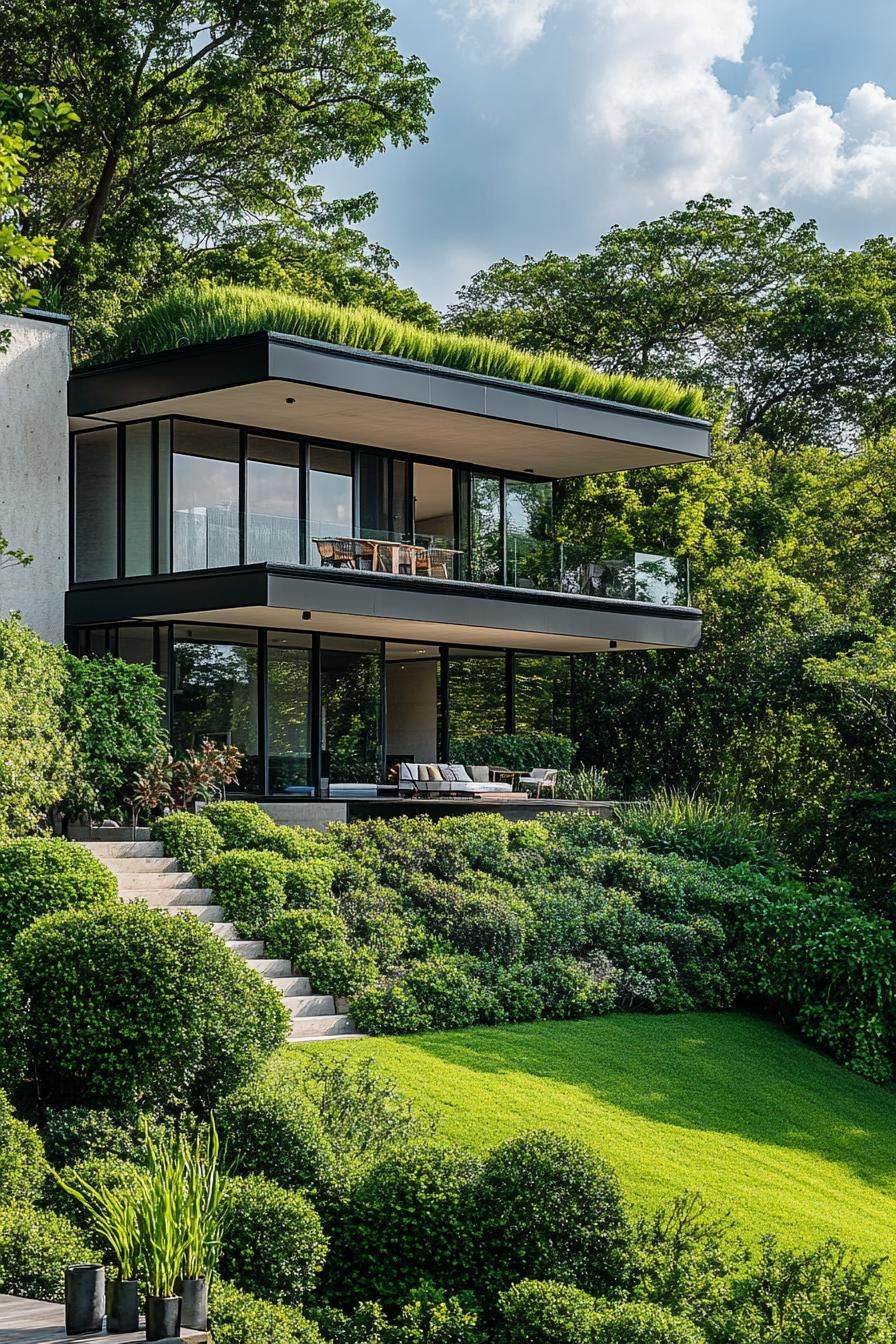 high angle view of a modern house built onto a gree hill slope with lush bushes in landscape the house has full wall windows and flat roof the 1