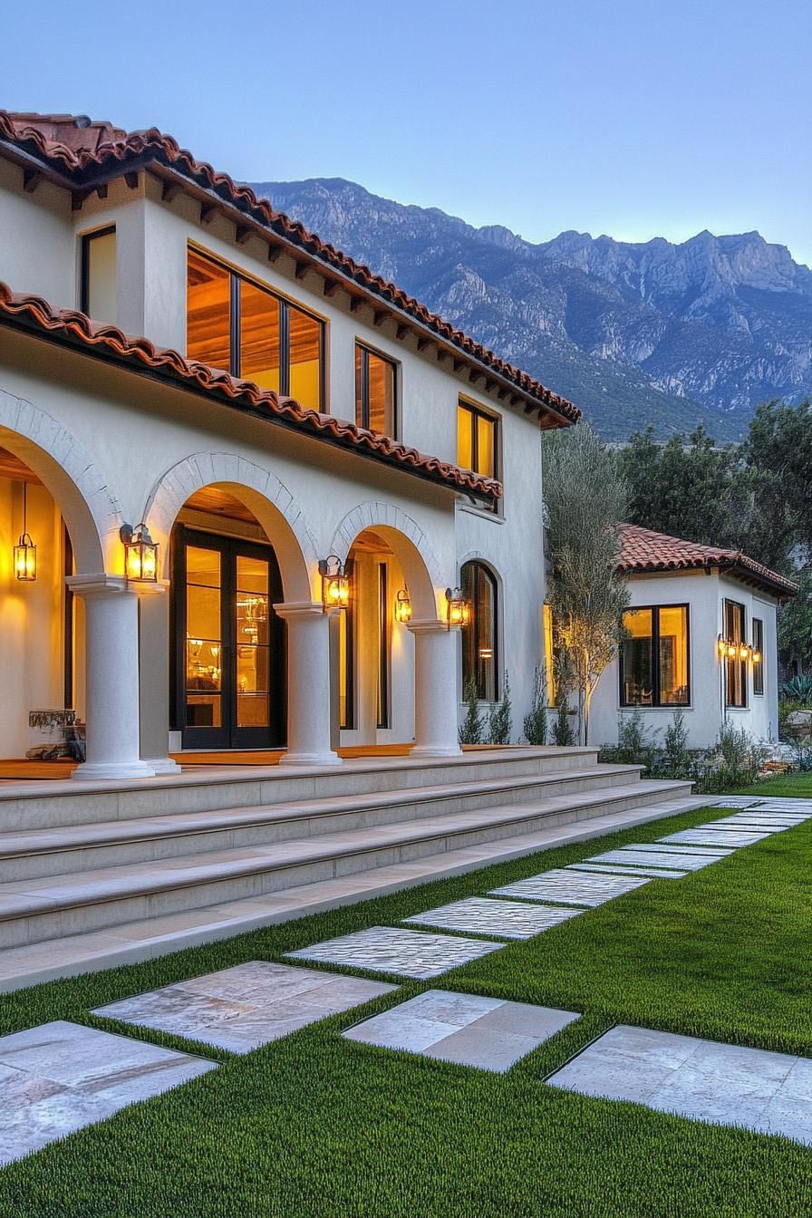 mediterranean village house with stucco siding large porch with round columns terracotta roof modern arched windows accent color front steps