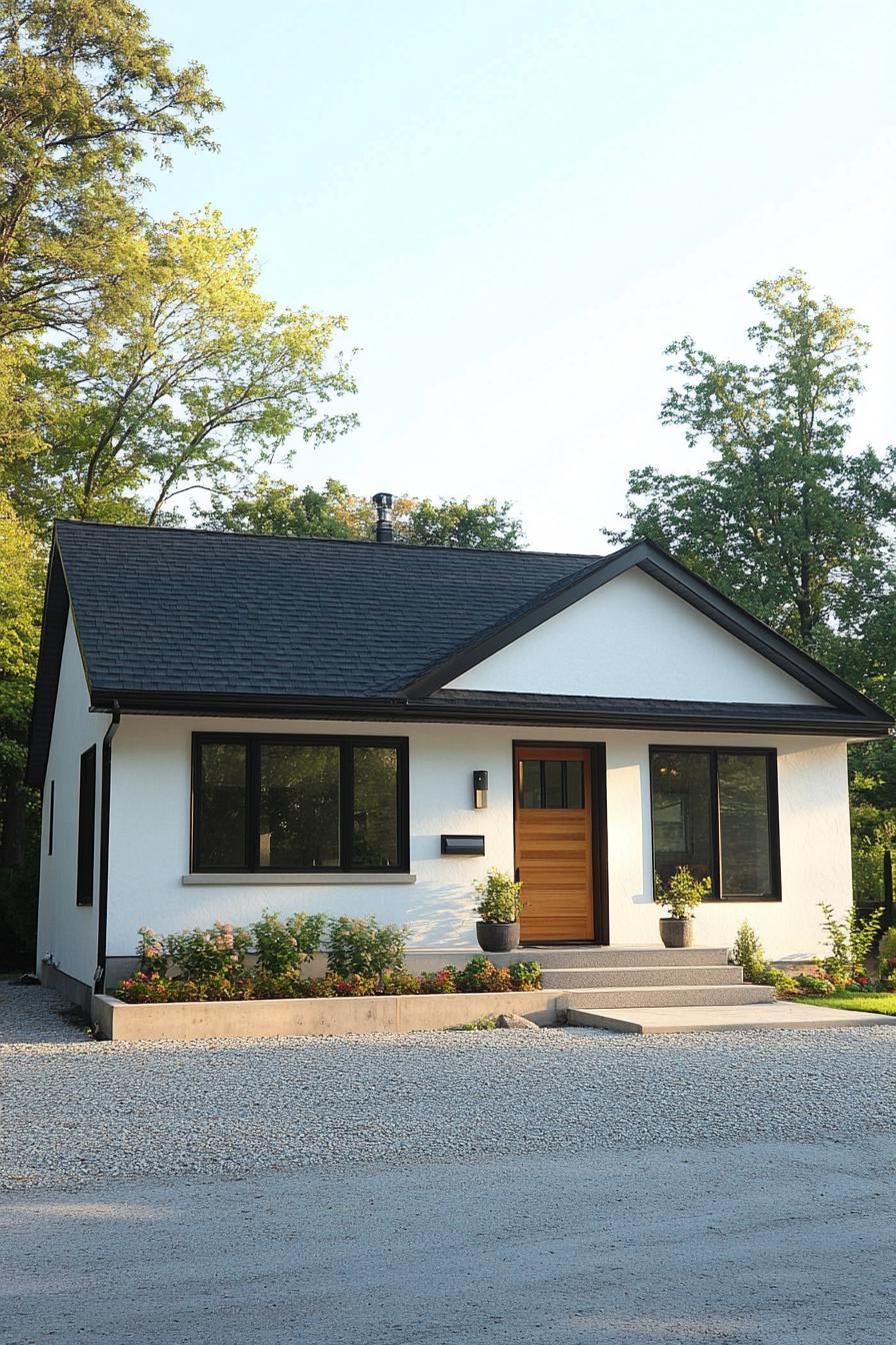 Small white bungalow with wooden door and black windows