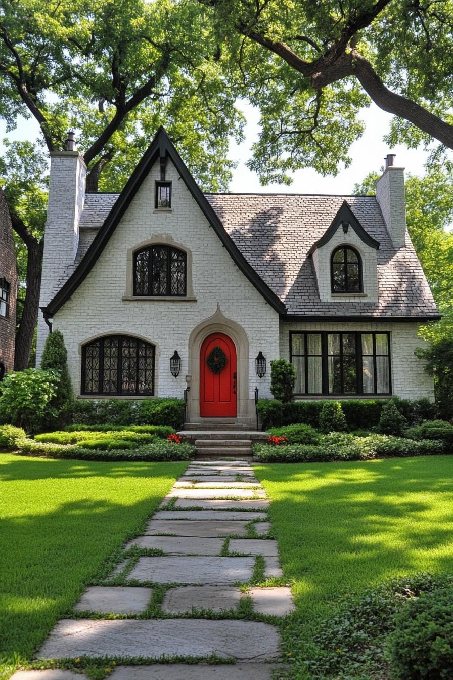 Charming house with a bold red door and lush greenery