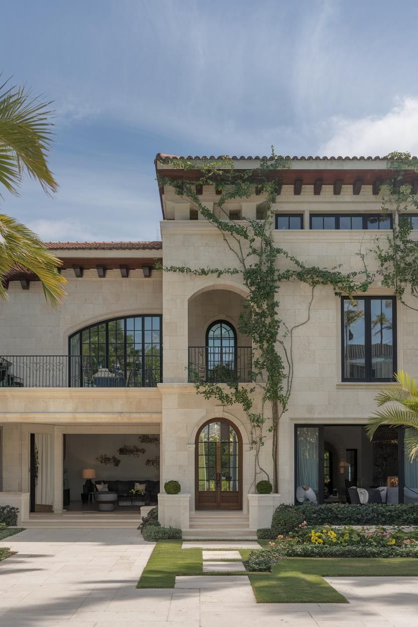 Luxurious stone villa with arched windows and lush greenery