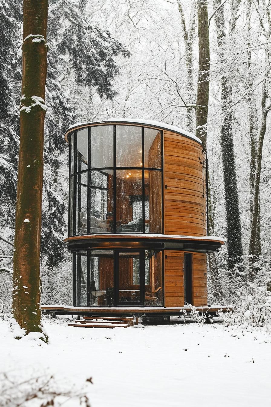 modern tiny cylinder house with reclaimed wood siding glass walls in snowed in forest clearing 1