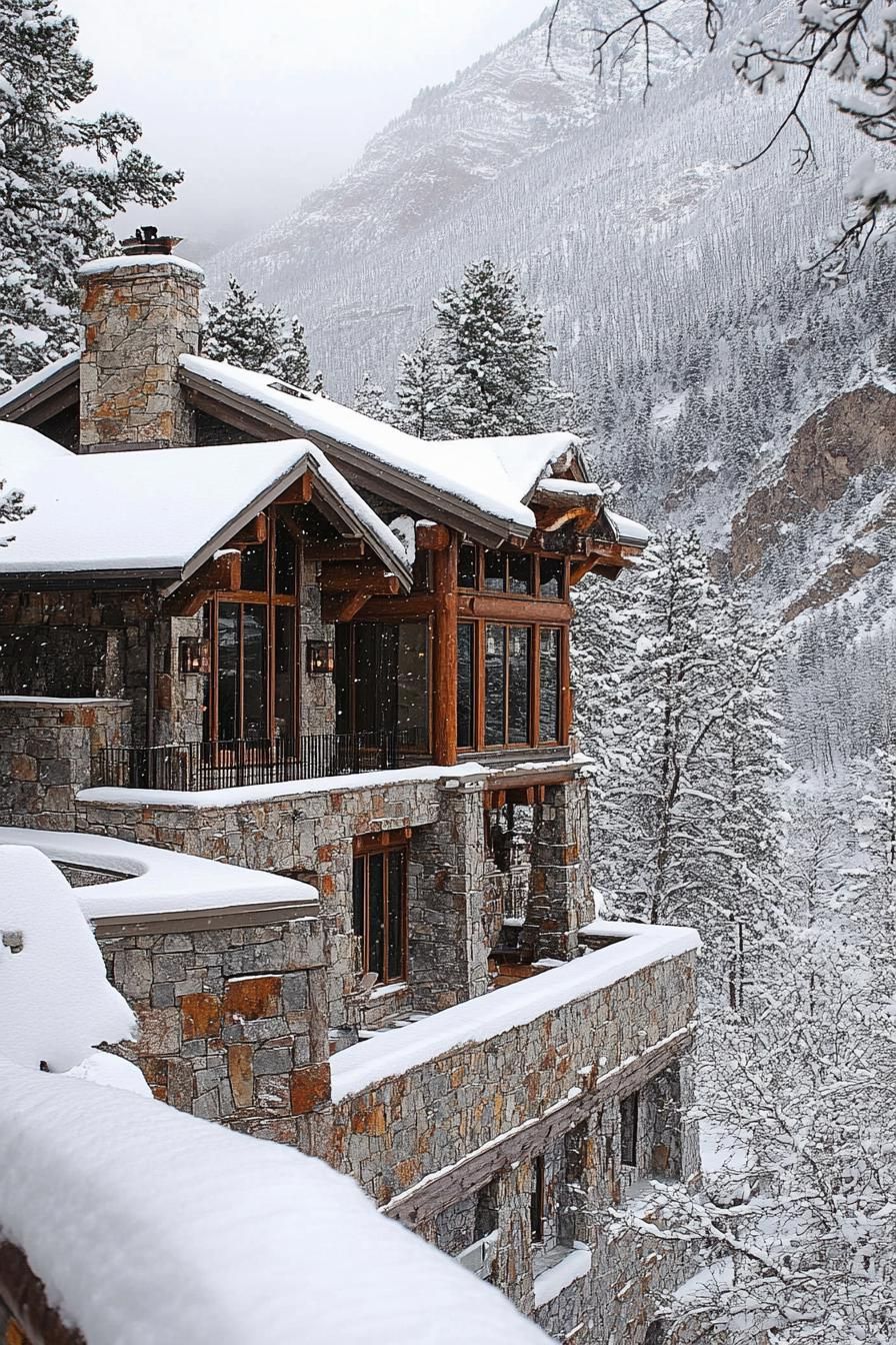 Majestic stone mountain chalet in snowy forest