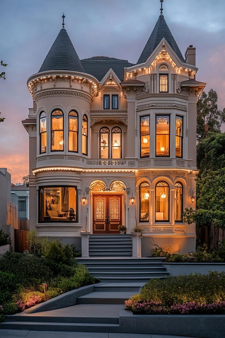 Victorian mansion with a tall turret arched windows facade with ornate detailing LED lighting dusk scene 1