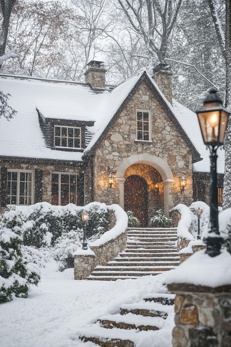 french cottage house with stone siding snow on the roof arched entry with steps clean off snow snowed in front yard lamp posts surrounede with