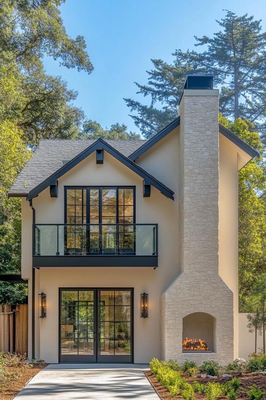 Chic modern house with glass railing and large chimney