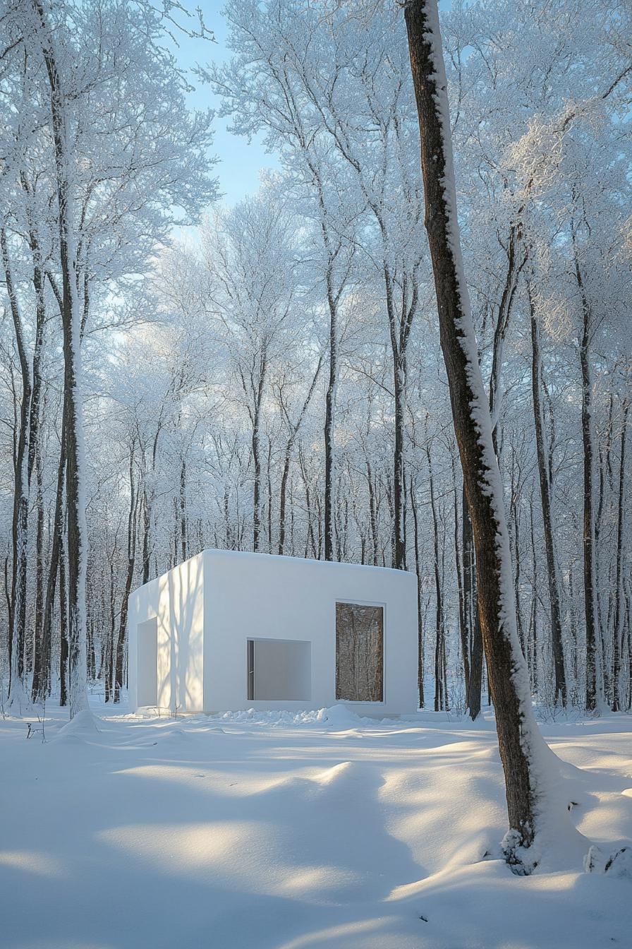 Small white cabin in a snowy woodland setting