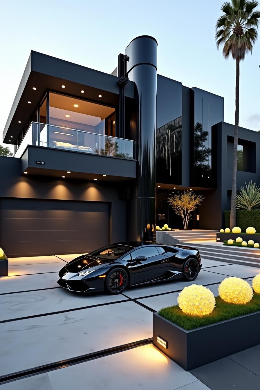 Black modern house with luxurious car and palm tree