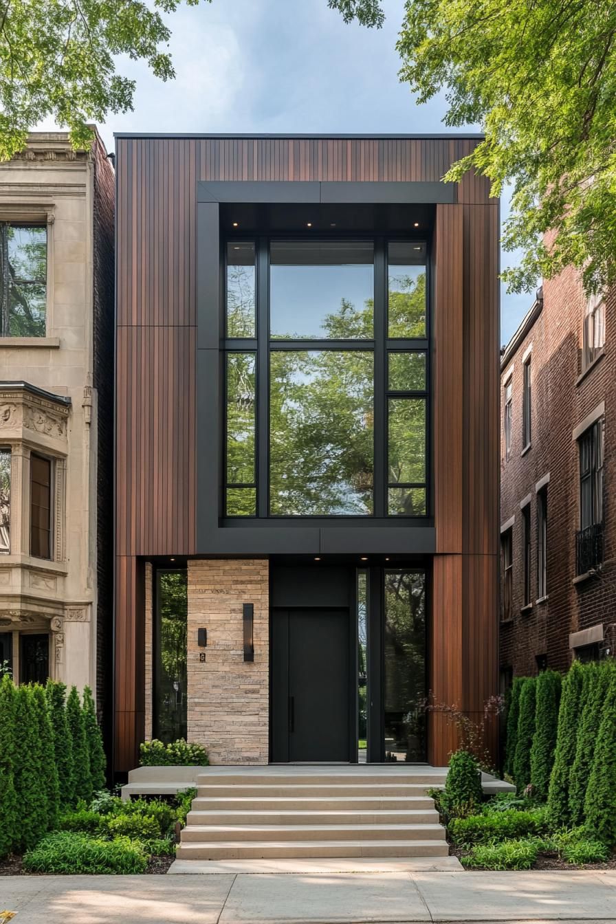 Modern facade of a house with a mix of stone and glass elements