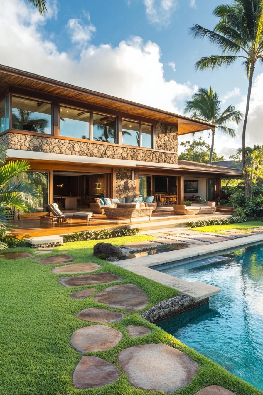 Lush tropical house exterior with pool and stone path