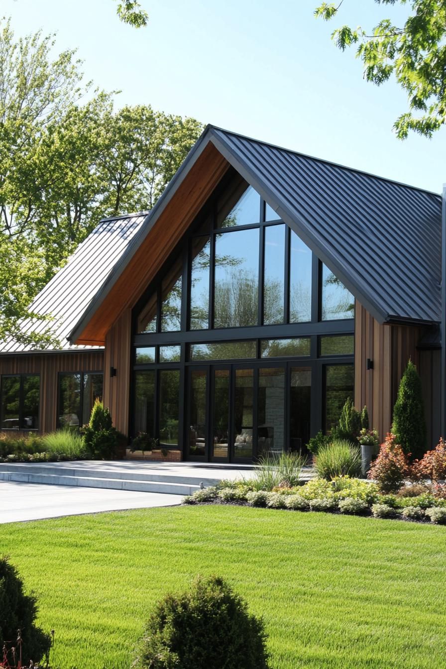 A modern barn house with large windows and lush surroundings