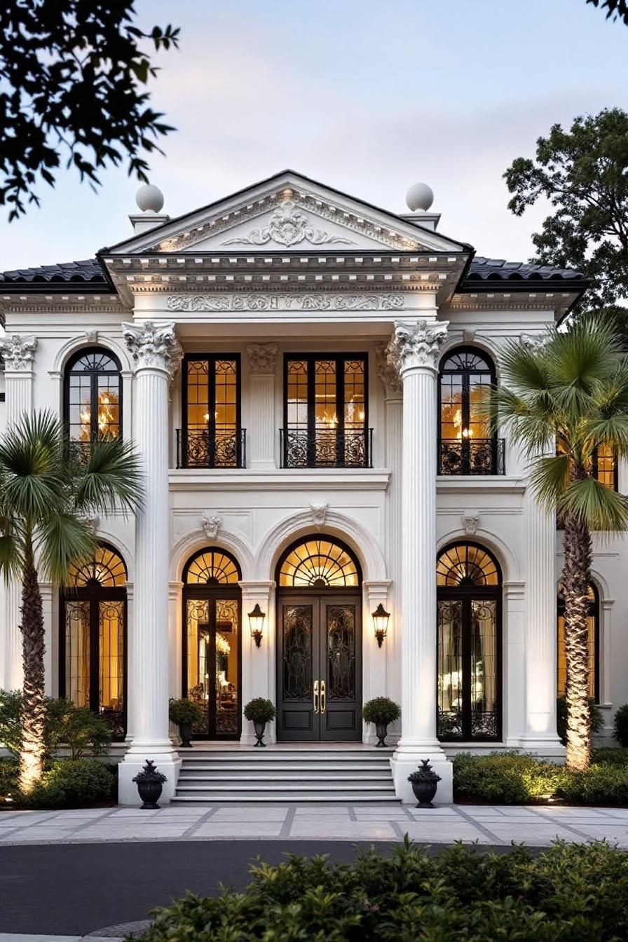 Elegant mansion with tall columns and ornate details