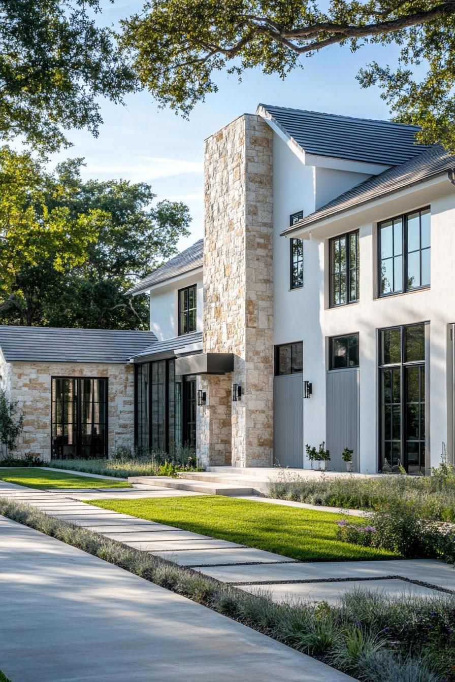 modern cotteage facade white on the left stone mosaic on the right large white windows grey shutters on the stone mosaic side of the house front