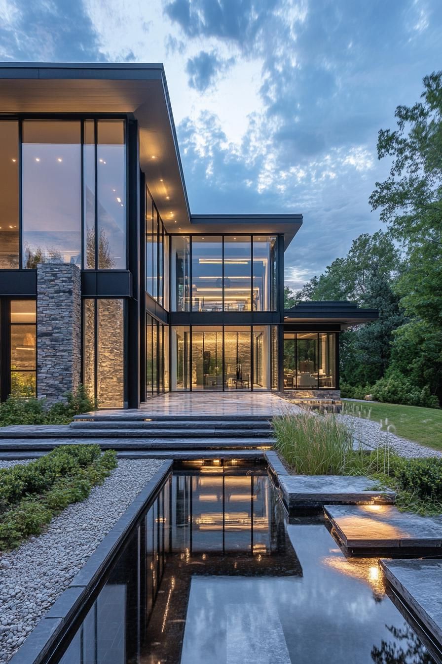 Modern house with floor-to-ceiling glass windows and a reflecting pool