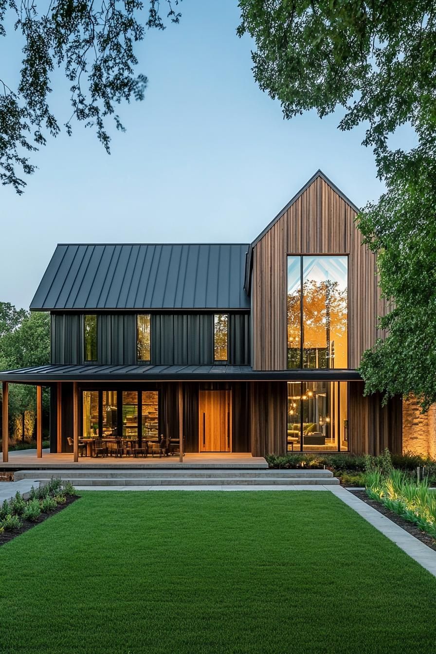 Modern barndominium with lush lawn