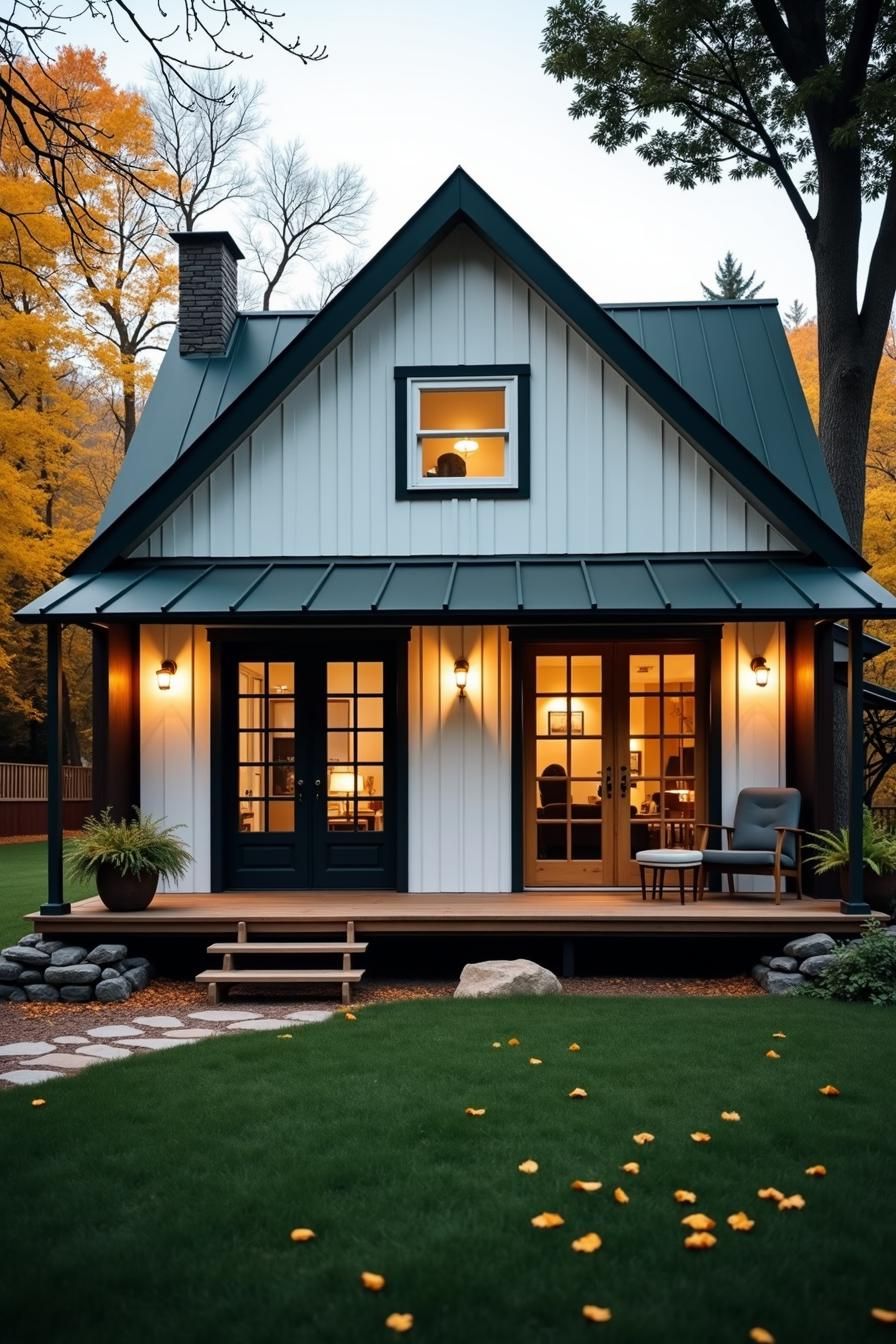 Small inviting gray and white house with front porch and warm lights