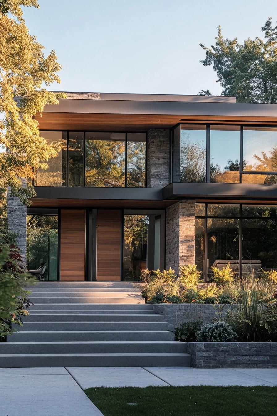 Contemporary house with large glass windows and stone accents